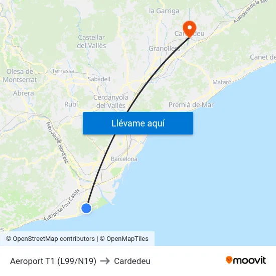 Aeroport T1 (L99/N19) to Cardedeu map