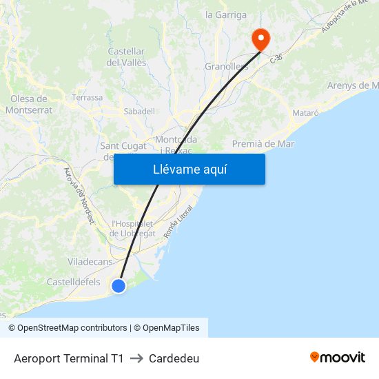 Aeroport Terminal T1 to Cardedeu map