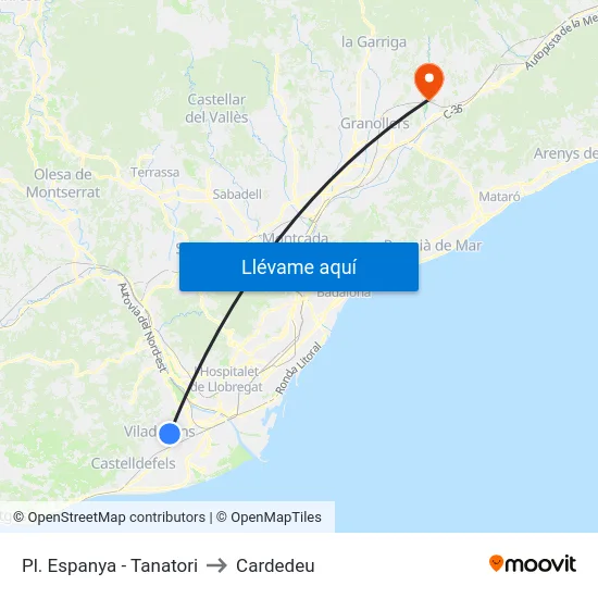 Pl. Espanya - Tanatori to Cardedeu map