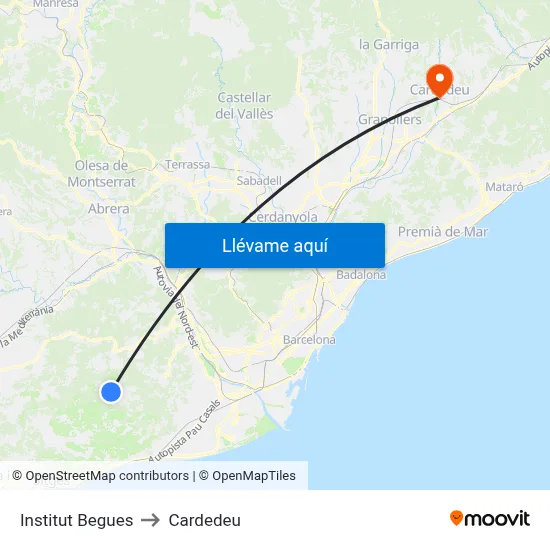 Institut Begues to Cardedeu map