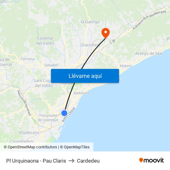 Pl Urquinaona - Pau Claris to Cardedeu map