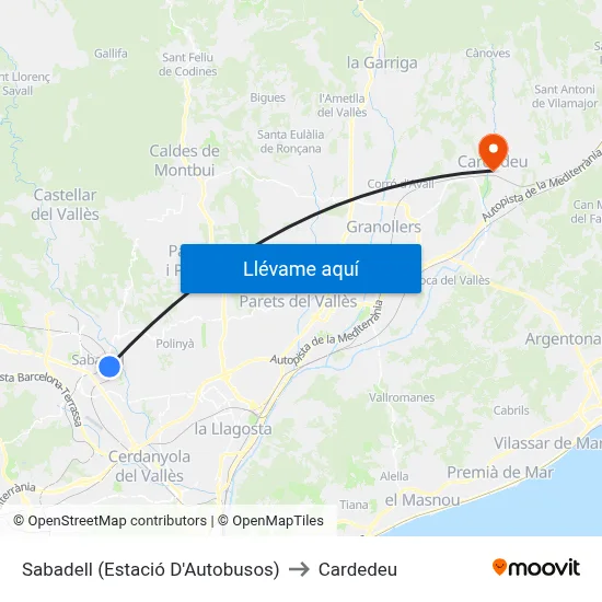 Sabadell (Estació D'Autobusos) to Cardedeu map