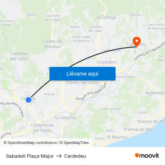 Sabadell Plaça Major to Cardedeu map