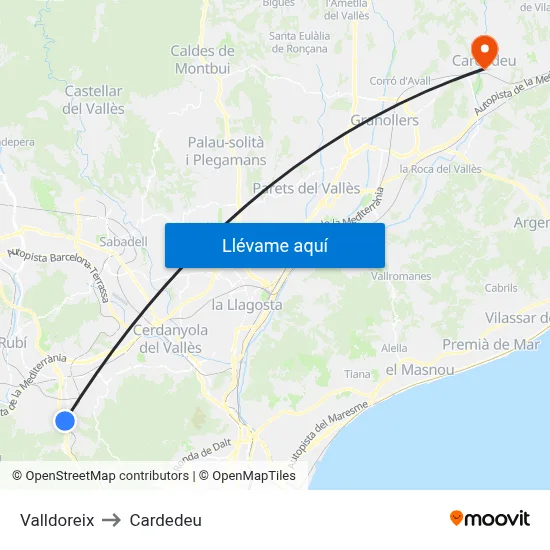 Valldoreix to Cardedeu map