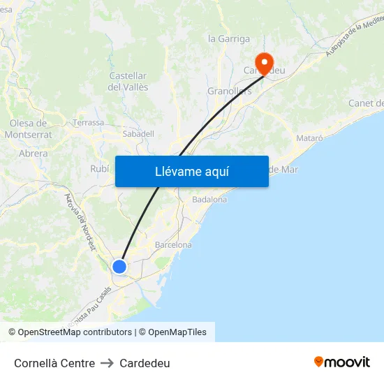 Cornellà Centre to Cardedeu map