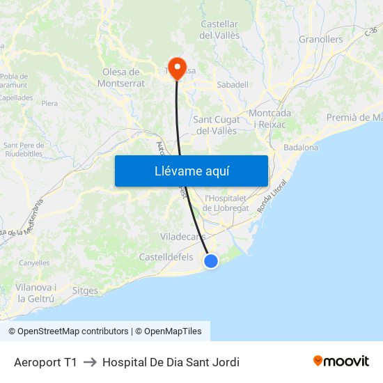 Aeroport T1 to Hospital De Dia Sant Jordi map