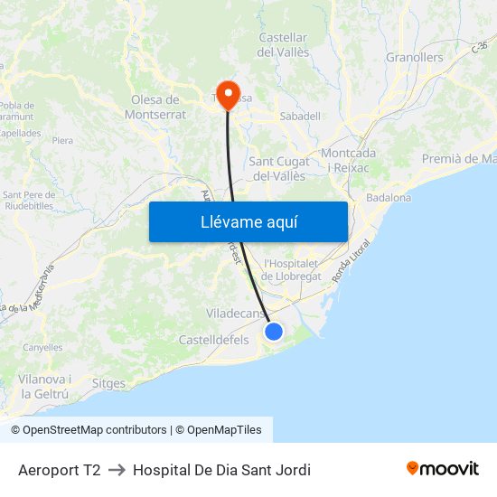 Aeroport T2 to Hospital De Dia Sant Jordi map