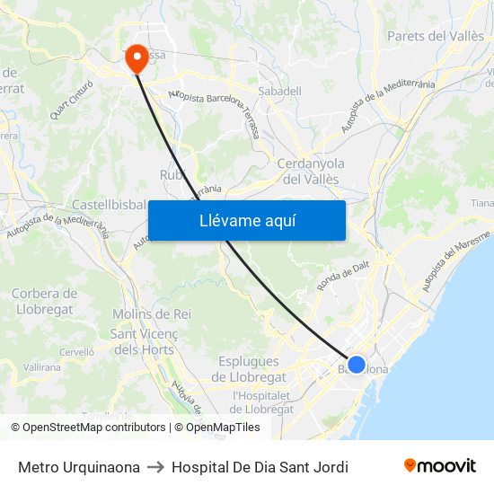 Metro Urquinaona to Hospital De Dia Sant Jordi map