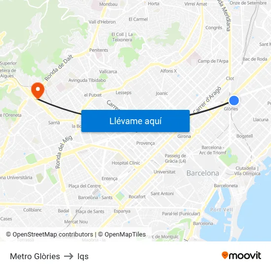 Metro Glòries to Iqs map