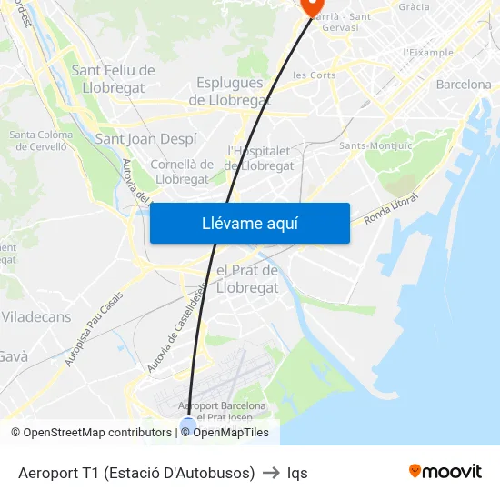 Aeroport T1 (Estació D'Autobusos) to Iqs map