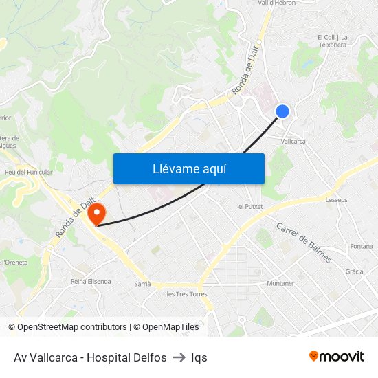 Av Vallcarca - Hospital Delfos to Iqs map
