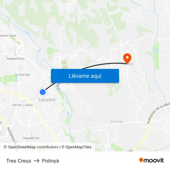 Tres Creus to Polinyà map