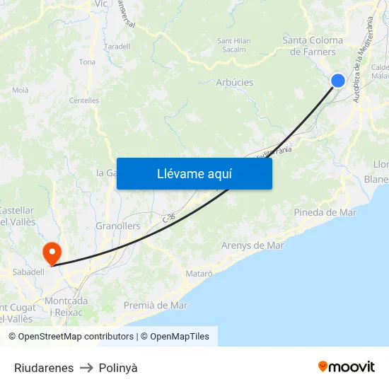 Riudarenes to Polinyà map