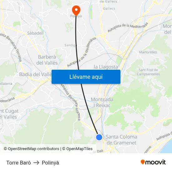 Torre Baró to Polinyà map