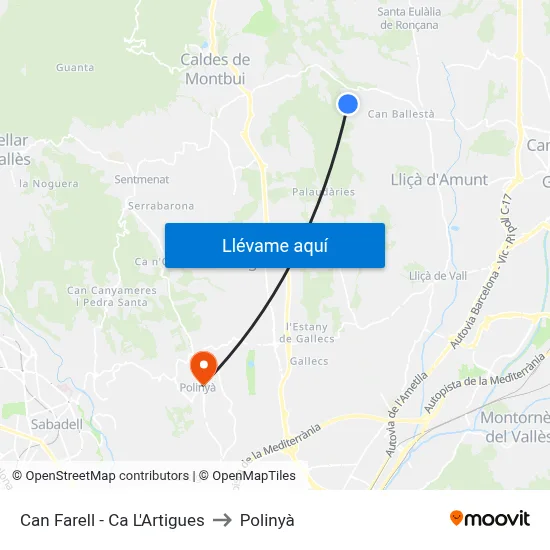 Can Farell - Ca L'Artigues to Polinyà map