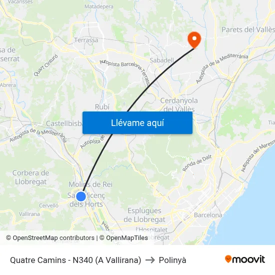 Quatre Camins - N340 (A Vallirana) to Polinyà map