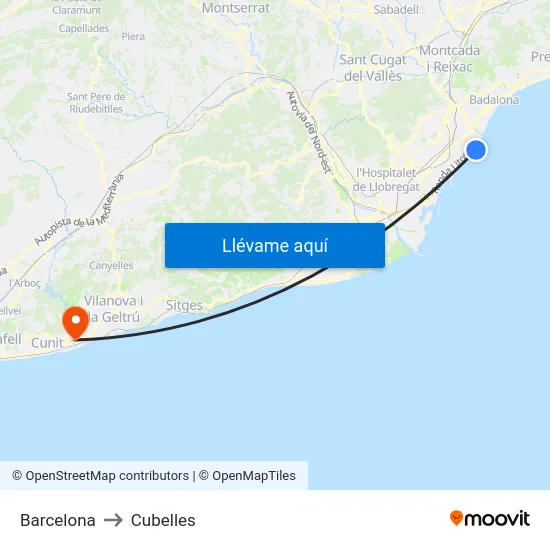 Barcelona to Cubelles map