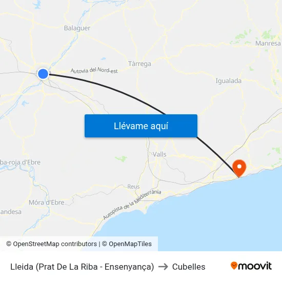 Lleida (Prat De La Riba - Ensenyança) to Cubelles map