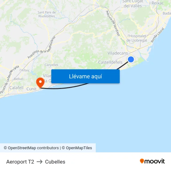 Aeroport T2 to Cubelles map