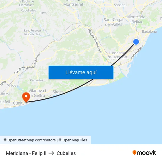 Meridiana - Felip Il to Cubelles map
