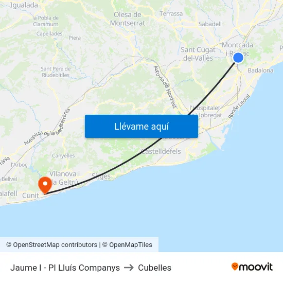 Jaume I - Pl Lluís Companys to Cubelles map