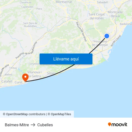 Balmes-Mitre to Cubelles map