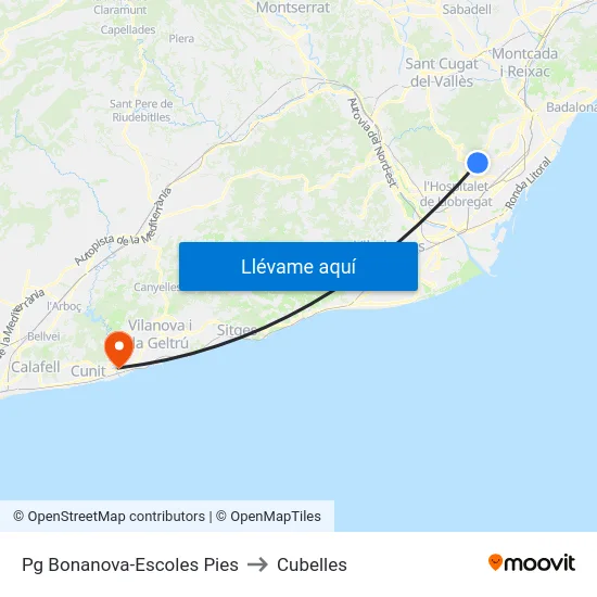 Pg Bonanova-Escoles Pies to Cubelles map