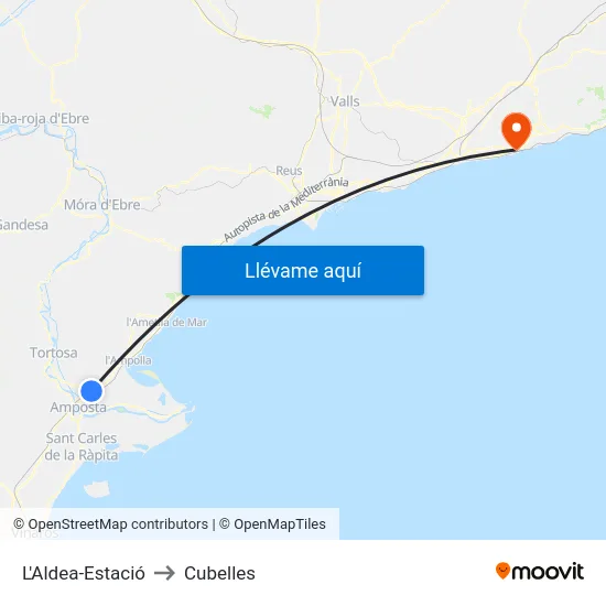 L'Aldea-Estació to Cubelles map