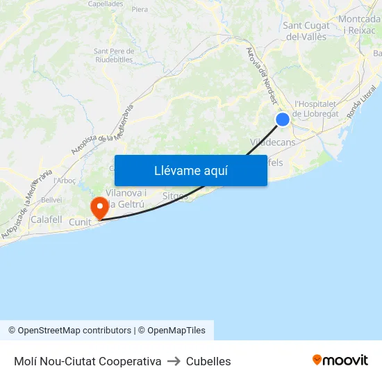 Molí Nou-Ciutat Cooperativa to Cubelles map