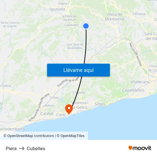 Piera to Cubelles map