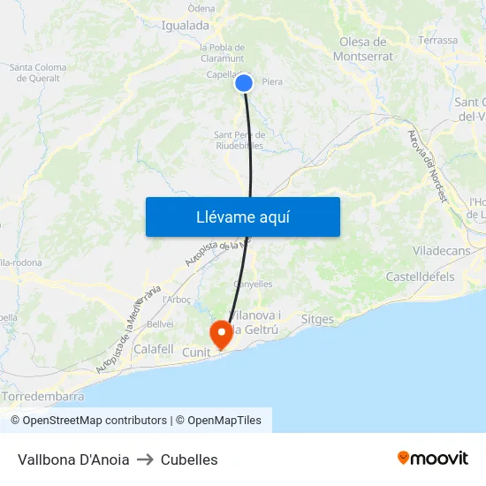 Vallbona D'Anoia to Cubelles map