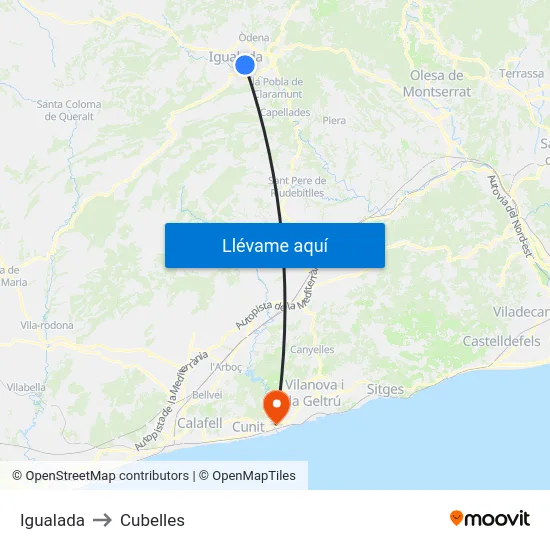 Igualada to Cubelles map