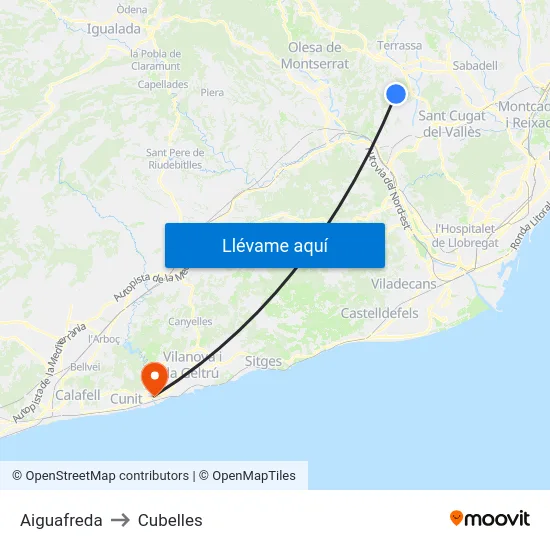 Aiguafreda to Cubelles map