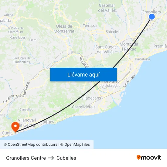 Granollers Centre to Cubelles map