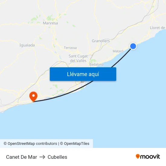 Canet De Mar to Cubelles map