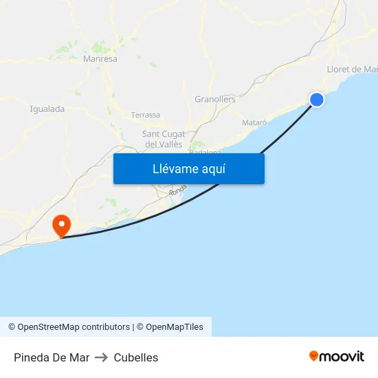 Pineda De Mar to Cubelles map