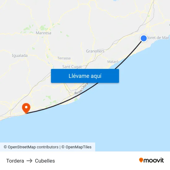 Tordera to Cubelles map
