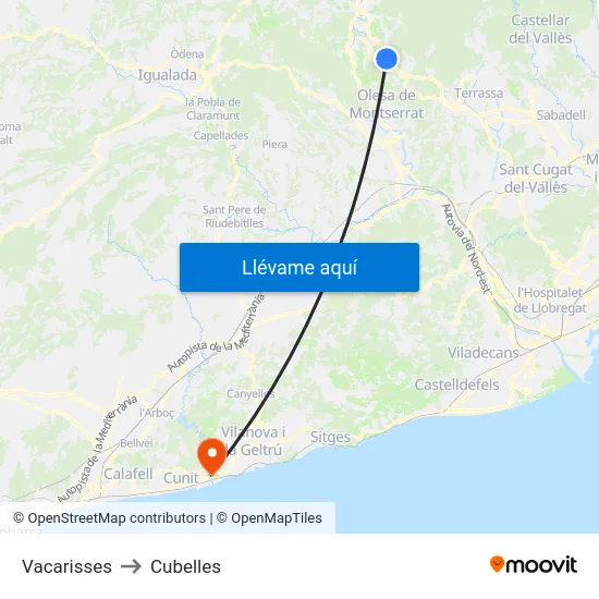 Vacarisses to Cubelles map