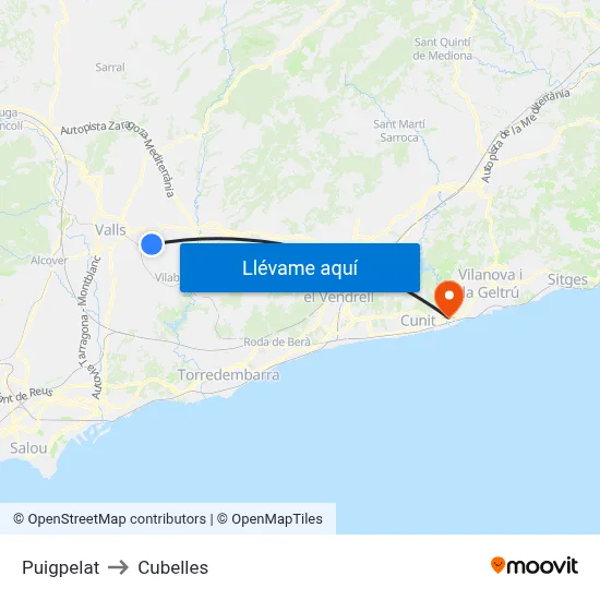 Puigpelat to Cubelles map
