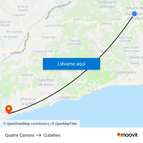 Quatre Camins to Cubelles map