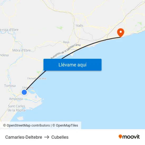 Camarles-Deltebre to Cubelles map
