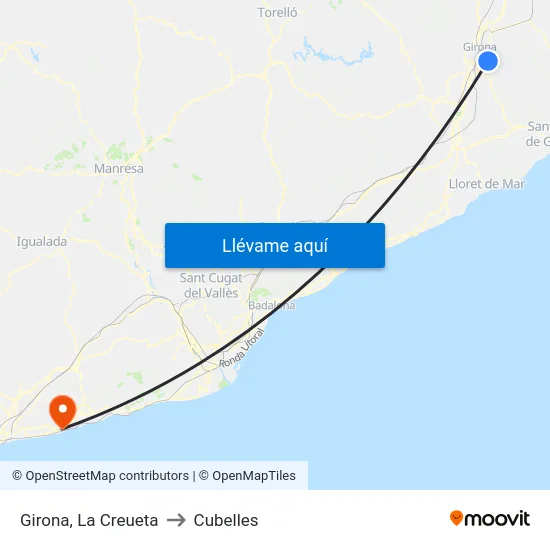 Girona, La Creueta to Cubelles map