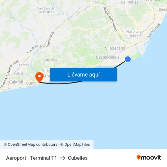 Aeroport - Terminal T1 to Cubelles map