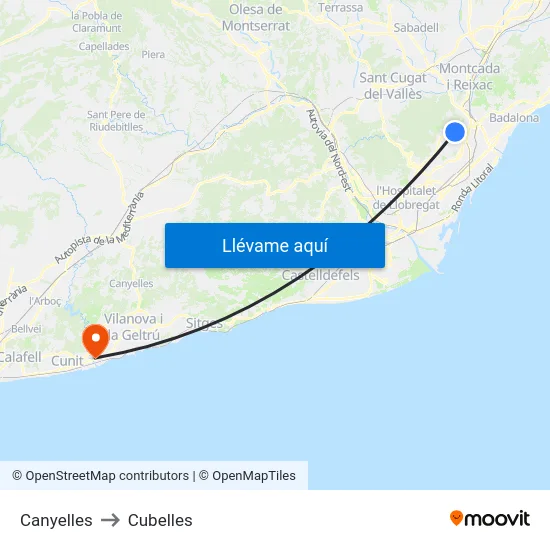 Canyelles to Cubelles map