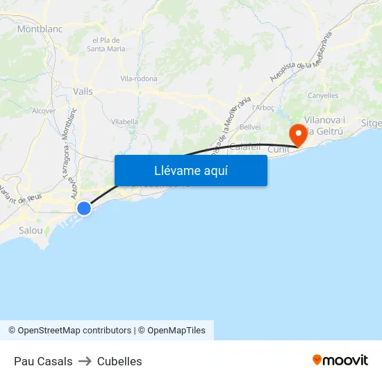 Pau Casals to Cubelles map