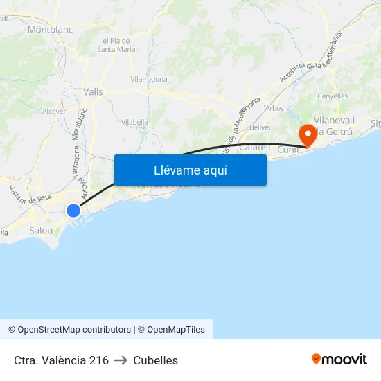 Ctra. València 216 to Cubelles map