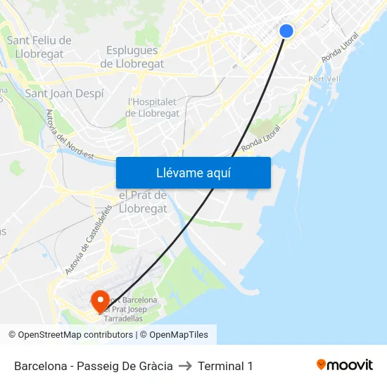 Barcelona - Passeig De Gràcia to Terminal 1 map