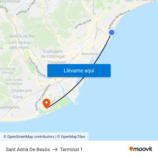 Sant Adrià De Besòs to Terminal 1 map