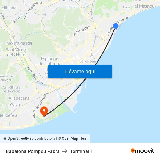 Badalona Pompeu Fabra to Terminal 1 map