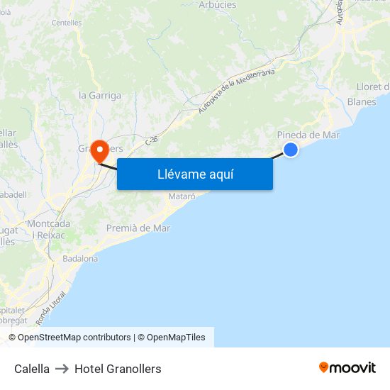 Calella to Hotel Granollers map